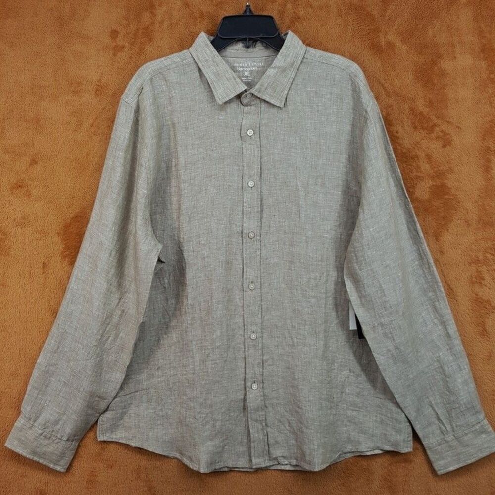 BLOOMINGDALES Shirt Mens XL Army Green Button Up Long Sleeve 100% Linen